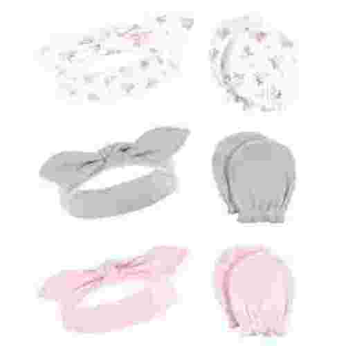 Hudson Baby Infant Girl Cotton Headband and Scratch Mitten 6pc Set, Pink Gray Floral, 0-6 Months