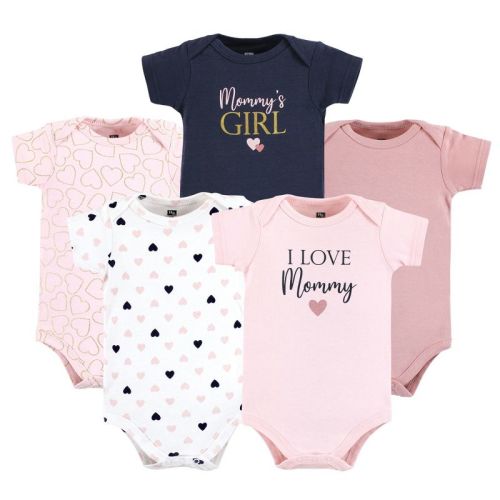 Hudson Baby Infant Girl Cotton Bodysuits, Girl Mommy Pink Navy 5pk, 0-3 Months