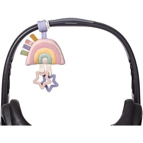 Itzy Ritzy Jingle Travel Toy for Stroller, Car Seat or Activity Gym - Baby Hanging Toy Features Jingle Sound, Clinking Rings & Adjustable Attachment Loop (Pastel Rainbow)