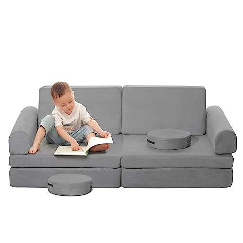 JHTOPJH Kids Couch,8-Piece Toddler Play Couch,Floor Sofa Imaginative Furniture Play Set for Bedroom Playroom,Convertible Folding Kids Sofa for Creative Kids(Grey)