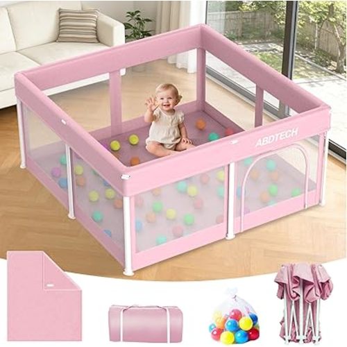 Foldable Playpen for Babies and Toddlers：Quick Setup 50“x50 Baby Playpen with Mat - Collapsible Play Pen with Storage Bag for Indoor & Outdoor - Baby Fence Play Area with 30 Ocean Ball, Pink