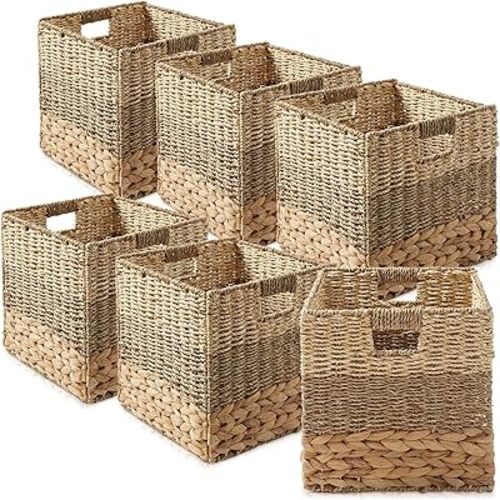 Casafield 13" x 13" Mixed Weave Storage Baskets, Natural - Set of 6 Woven Hyacinth Seagrass Wicker Storage Cube Bins for Bathroom, Bedroom, Laundry, Pantry, Shelves