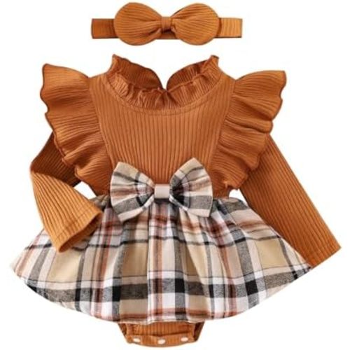 Baby Girl Clothes Cute Plaid Romper Dress Ruffle Long Sleeve One-piece Jumpsuit Bodysuit with Bow Headband