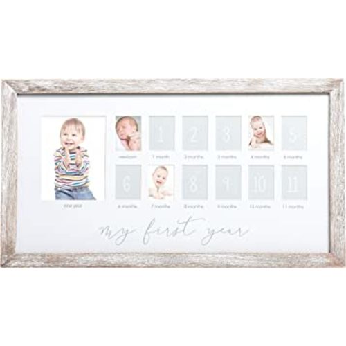 Pearhead My First Year Photo Moments Baby Keepsake Picture Frame, 0-12 Months Baby Photos, Father’s Day Accessory, Gender-Neutral Baby Milestone Nursery Décor, 13 Photo Inserts, Distressed Wood