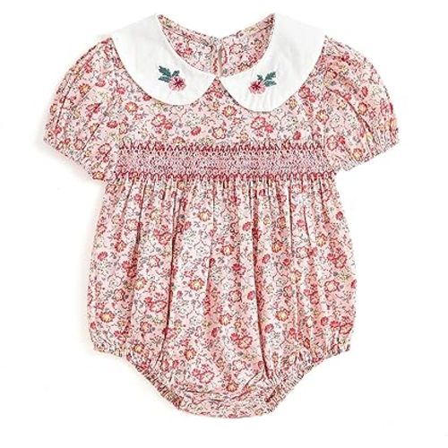 Casual Summer Baby Girls Floral Romper Short Sleeve Red Flower Print Ruffled Romper Outfits For Infant Girls 12 Months