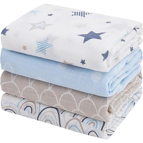 Softan Muslin Swaddle Blankets for Baby Girl & Boy, 47X47In Receiving Blankets for Newborn, Swaddle Blanket Set Soft Silky & Breathable, 4 Pack