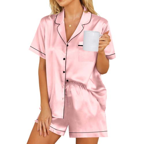 DAKIMOE Womens Silky Satin Pajama Set Short Sleeve Shirt with Shorts 2 Piece Pjs Sets Soft Silk Sleepwear Nightwear Button-Down Loungewear S-XL, Pink, XL
