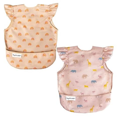 Tiny Twinkle Mess Proof Baby Bibs | 2 Pack Waterproof Toddler Bib for Eating | Baby Apron for Feeding, Machine Washable, Perfect Shower Gift (Boho Rainbow,Petite Safari, 6–24M)