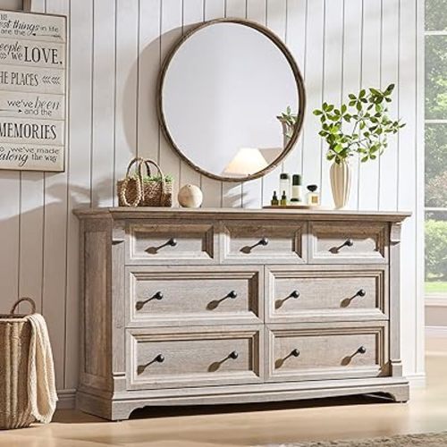 T4TREAM Farmhouse 7 Drawers Dresser for Bedroom, 54" Wide Wood Rustic Chest of Drawers w/Roman Column, Wooden Storage Dressers Organizer for Bedroom, Living Room, Light Rustic Oak