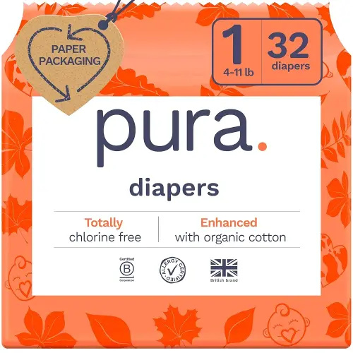 Pura Hypoallergenic Diapers, Size 1 (4-11 lbs), Newborn, Totally Chlorine Free, Wetness Indicator, Suitable for Sensitive Skin, Soft Organic Cotton Comfort, Overnight, 1 Pack of 32 Baby Diapers