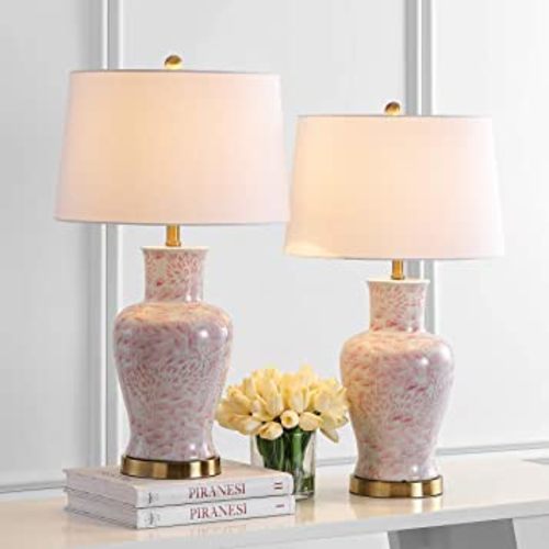SAFAVIEH Lighting Collection – Calli Set of 2 Pink & White Chinoiserie Ceramic Table Lamps with Brass Gold Accents, 28-Inch Bedroom or Living Room Lamps, LED Bulbs Included (TBL4161A-SET2)