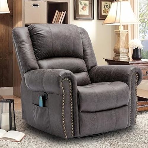 Manual 360 Degree Swivel Glider Rocker Recliner Chair with Massage and Heat, USB Ports and 2 Side Pockets, Bronze Suede Like Fabric, Grey