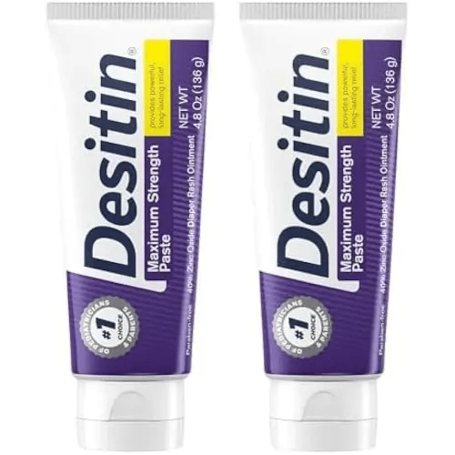 Desitin Maximum Strength Baby Diaper Rash Cream, 40% Zinc Oxide for Treatment, Relief & Prevention, Hypoallergenic, Phthalate- & Paraben-Free Paste, Protects Skin for 12 Hours, 4.8 oz (Pack of 2)