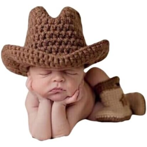Newborn Boys Girls Baby Photo Shoot Props Outfits Crochet Clothes cowboy hat with Shoe Photography Props Costume