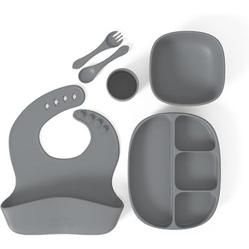 Baby Feeding Set, 6 Piece - Pebble Gray - Includes Suction Bowl, Plate, Silicone Bib, Spoon, Fork for Toddlers & Kids Dinnerware