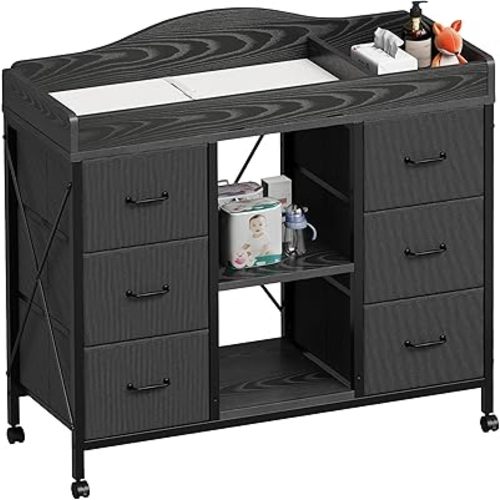 Changing Table, 6-Drawer Baby Dresser with Changing Table top,Waterproof Diaper Changing Station & Pad, 2 Height-Adjustable Open Storage Shelves, Mobile Nursery Organizer, Black