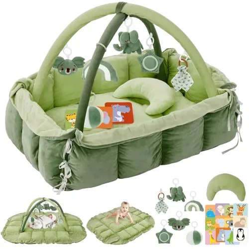 5-in-1 Plush Baby Play Gym, Baby Play Mats, Convertible Baby Gym with Pillow, Tummy time mat, Baby&Ped Bed, 6 Sensory Toys, Baby Activity Center from Newborn to Toddler, Cat&Dog Bed, Ball Pit, Green