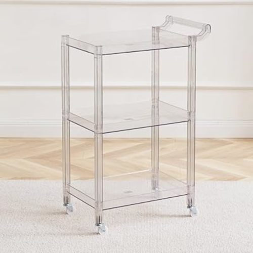 Acrylic Utility Rolling Cart,3-Tier Acrylic Bar Cart with Pulling Handle & 4 Wheels for Kitchen Living Room Dining Laundry,Clear Multifunction Small Spaces Rolling Serving (Size:29.13'' H,Color:Clear)