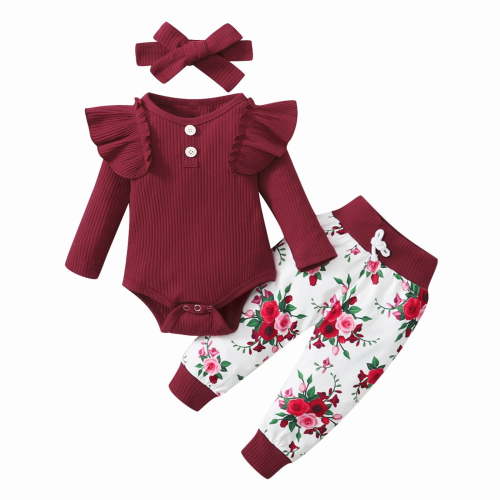 Erwazi Newborn Baby Girls Clothes Set Ribbed Ruffled Romper+Floral Pants+Headband Infant Outfit Set