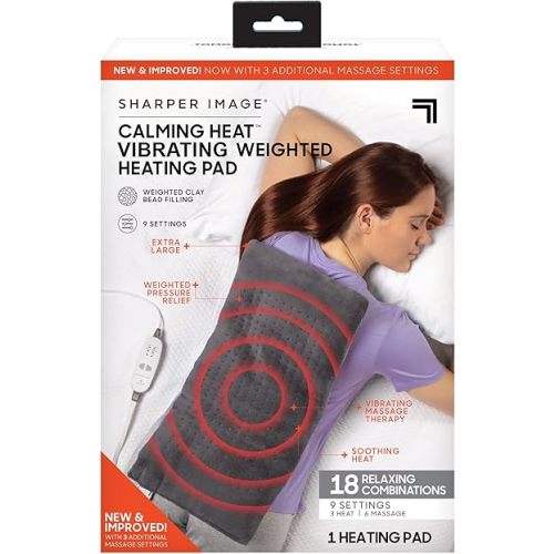 Calming Heat Massaging Weighted Heating Pad by Sharper Image- Weighted Electric Heating Pad with Massaging Vibrations, 9 Settings- 3 Heat, 6 Massage- 18 Relaxing Combinations, 12” x 24”, 4 lbs