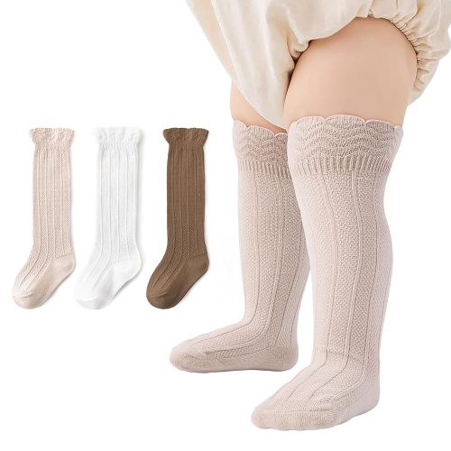 Zando Baby Girls Knee High Socks 3-Pack, Soft Cotton Long Tube Ruffle Socks for Preemie Infant Newborn Toddler 0-3T