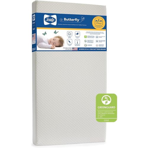 Sealy Butterfly Breathable Premium Foam Baby Crib Mattress & Toddler Bed Mattress, Washable Cover, Waterproof Crib Mattress, American Foam GREENGUARD GOLD Certified for Safety, Made in USA, 52"x28"