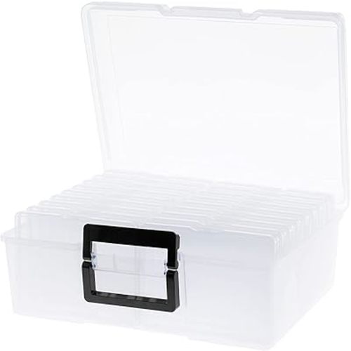 Photo Storage Box 5" x 7", 18 Inner Extra Large Photo Organizer Container, Plastic Craft Storage Box with Handle for Pictures Stickers Stamps Seeds
