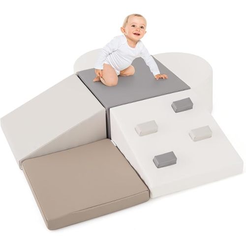 Olakids Climbing Toys for Toddlers, 6 Pieces Baby Foam Blocks Soft Play Set with PU Leather, Indoor Kids Climb and Crawl Sliding Activity Structure Gym Playground Climber (Gray)