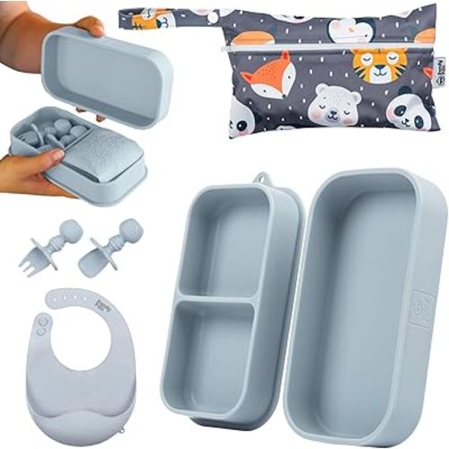 Travel Silicone Baby Feeding Set - Portable Toddler Feeding Supplies with Silicone Baby Spoon & Fork, Suction Plates for Toddler, Lightweight Foldable Baby Bib & Waterproof Storage Bag - 6 Piece Set