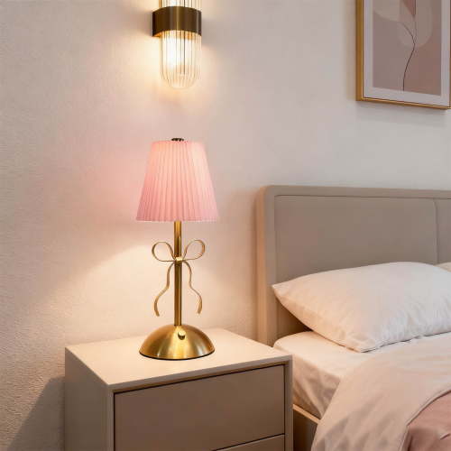 Small Gold Bow Table Lamp 13 Inch for Girl's Bedroom Cute Coquette Bow Table Lamp with Fabric Shade Modern Decorative Bedside Light Small Princess Desk Lighting Boho Living Room(Pink)