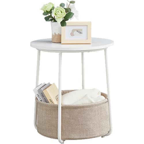 VASAGLE End Table, Small Bedside Table with Fabric Basket, Modern Nightstand, Round Side Table, for Living Room, Bedroom, Matte White and Camel Brown ULET223W10