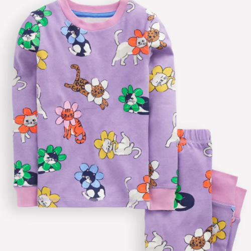 Snug Long John Pyjamas-Aster Purple Flower Cats | Boden USA