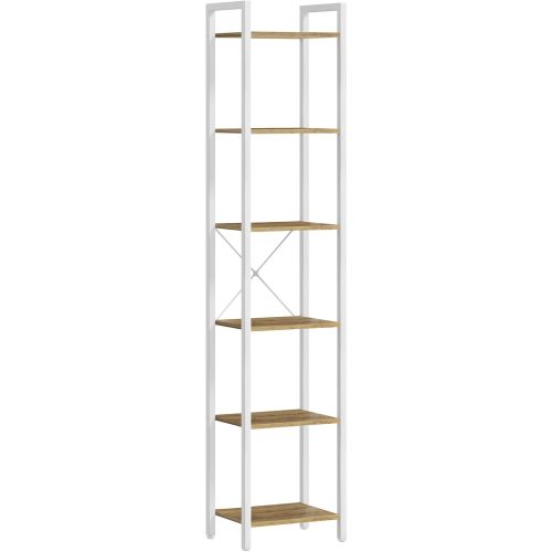 VASAGLE 6-Tier Tall Bookshelf, Narrow Bookcase with Steel Frame, Skinny Book Shelf for Living Room, Home Office, Study, 11.8 x 15.7 x 73.8 Inches, Industrial, Honey Brown and Cloud White ULLS101K02