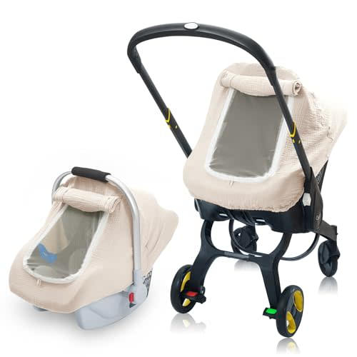 3 Layer Muslin Baby Car Seat Cover, Infant Car Seat Cover with Mesh Peep Window, Breathable Carseat Canopy for Winter, Windproof Carrier Cover with Privacy Sun Shade, Baby Stroller Weather Shields
