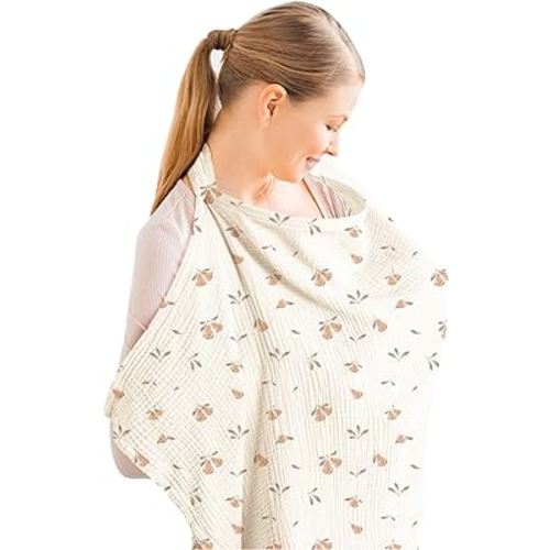 Konssy Muslin Nursing Cover for Baby Breastfeeding, Breathable 100% Cotton Breastfeeding Cover with Rigid Hoop for Mother Nursing Apron, Multi-use Carseat Canopy (Pear)