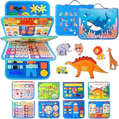 Guolely Busy Board - Montessori Toys for Toddlers 1-6 Year Old - 10-in-1 Shark Busy Book Preschool Learning Activities with Life Skill,Puzzle,Maze, Alphabet,Weather - Boy Girl Travel Toys