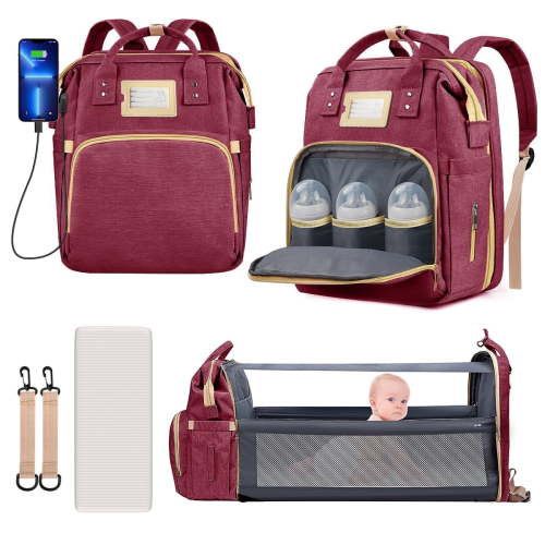 Diaper Bag Backpack, Multifunctional Baby Changing Bag with Foldable Crib & Insulated Milk Bottle Pocket, Large Capacity Travel Backpack with USB Charging Port & Stroller Strap (Red)