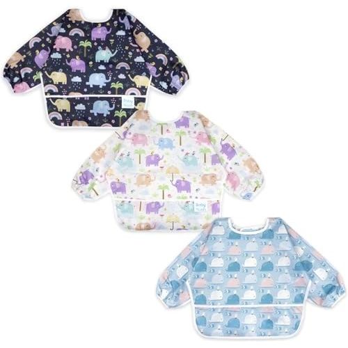 3 Pcs Long Sleeved Bib Set | Baby Waterproof Bibs with Pocket Bundle Toddler Bib with Sleeves and Crumb Catcher 6-24 Months