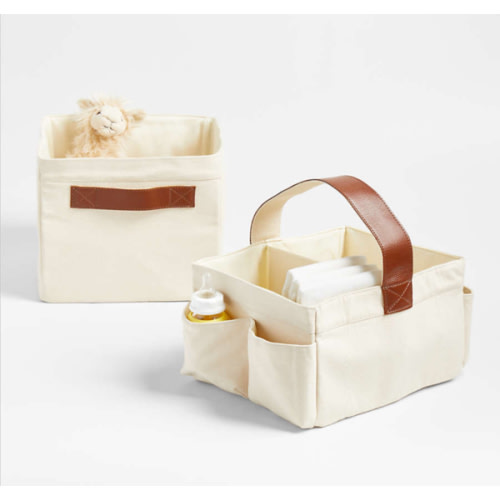 Canvas Diaper Caddy Organizer with Brown Leather Handle