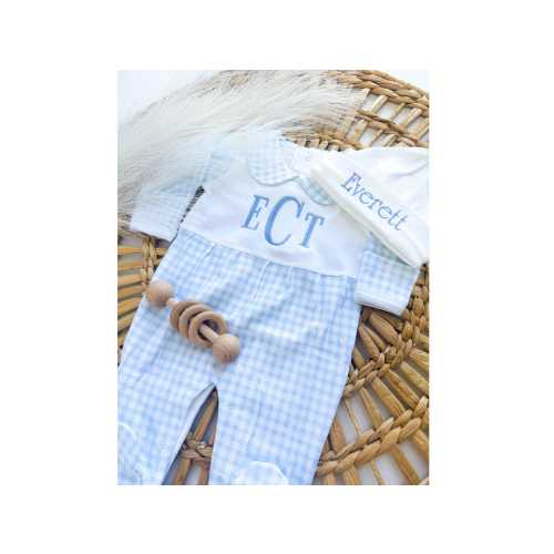 Personalized Baby Boy Gingham Romper and Hat Set: Embroidered Newborn Outfit