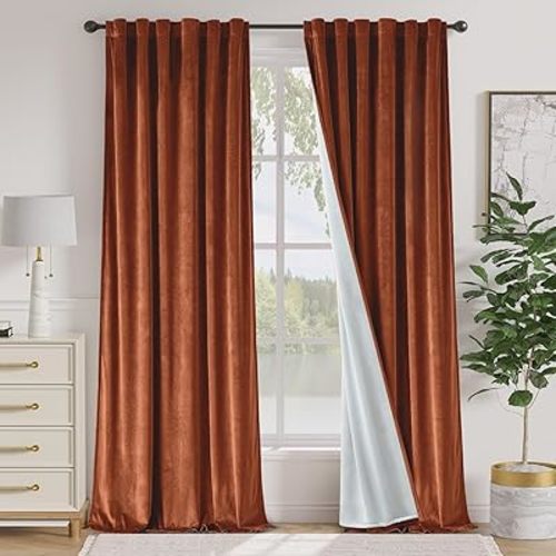 Lazzzy Burnt Orange Blackout Velvet Curtains 96 Inches Long Thermal Insulated Room Darkening Curtain Drapes Luxury Back Tab Window Treatments for Bedroom Living Room 2 Panels, 52 x 96 Inch, Caramel