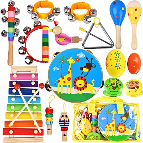 Kids Musical Instruments Set, 20 Pcs Toddler Wooden Percussion Instruments for Baby Children with Tambourine Xylophone Maracas, Preschool Musical Toys Set for Boys and Girls with Carrying Bag