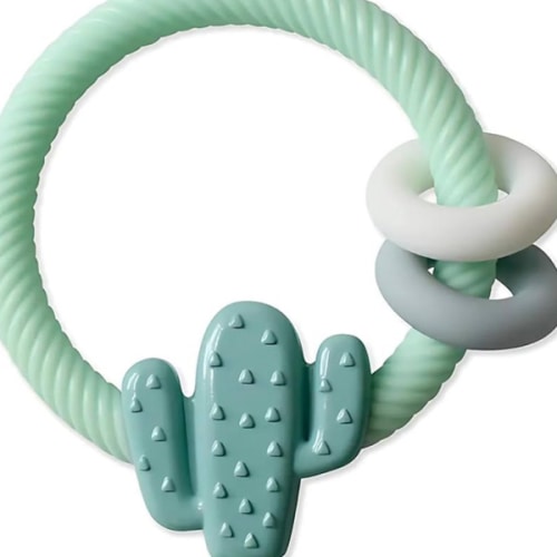 Itzy Ritzy Silicone Teether with Rattle; Rattle Teether Features Rattling Sound, Two Silicone Teething Rings and Raised Texture to Soothe Gums; Ages 3 Months and Up (Cactus)