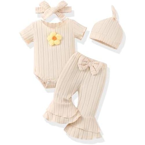 Renotemy Preemie Newborn Baby Girl Clothes Infant Short Sleeve Romper Summer Outfits Gifts for Girls Bell Bottoms Pants Set