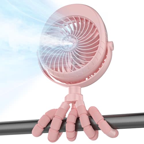 Misting Baby Stroller Fan, 4000mAh Rechargeable Battery Operated, 270°Pivoting, 15H Cooling,50ml Portable Water Sprayer Misting Fan with Flexible Tripod Clip on Car Seat Crib Treadmill Bunk Bed