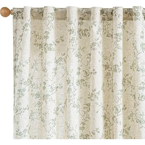 Lazzzy Linen Farmhouse Curtains Green Floral Curtains 63 Inch Length Back Tab Drapes for Living Room Bedroom Light Filtering Country Vintage Rod Pocket Curtain, 2 Panels, Green on Beige