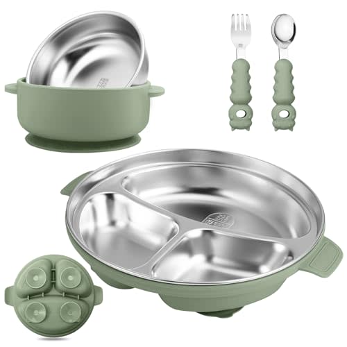 Wesketch Stainless Steel Baby Plate and Bowl with Suction, Baby Bowl and Divided Kids Toddler Plate with Removable Silicone Shell, Non-Slip Toddler Baby Feeding Set, Forks + Spoons Included-Green
