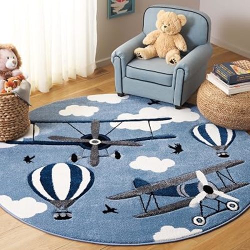 SAFAVIEH Carousel Kids 100 Collection Round Rug - 5'3" Round, Blue & Ivory, Transitional Design, Stain Resistant, Ideal for High Traffic Areas in Living Room, Bedroom & Dining Room (CRK137M-5R)
