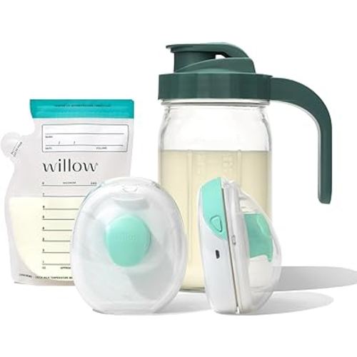 Willow - Go Double Hands Free Breast Pump w/Milk Bags and Glass Milk Pitcher Bundle