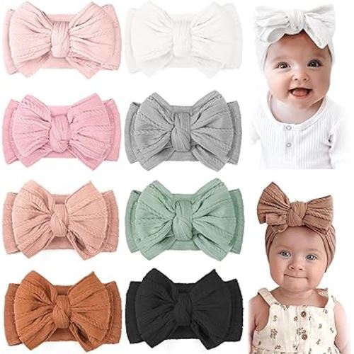 CÉLLOT 8 Pcs Super Stretchy Soft Handmade Headbands with Double Bows Head Wrap Nylon Hair Accessories For Newborn Babies Girls Infants Toddlers
